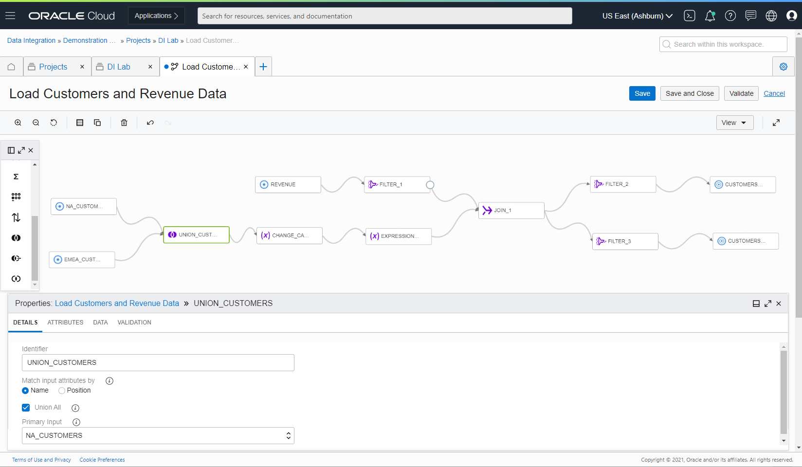 A screenshot of the Load Customers and Revenue Data screen in Data Integration in the OCI Console.