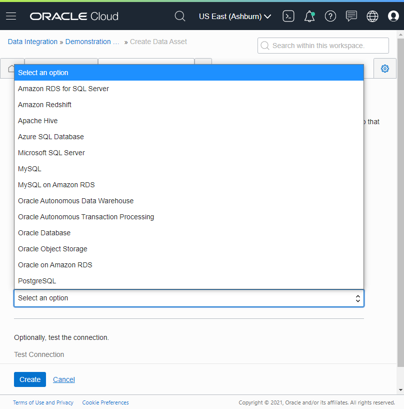 A screenshot of the options menu for creating a data asset.