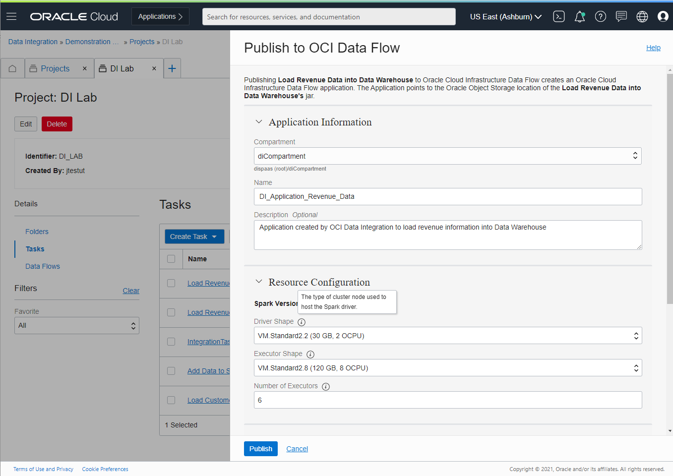 A screenshot of the Publish to OCI Data Flow window.