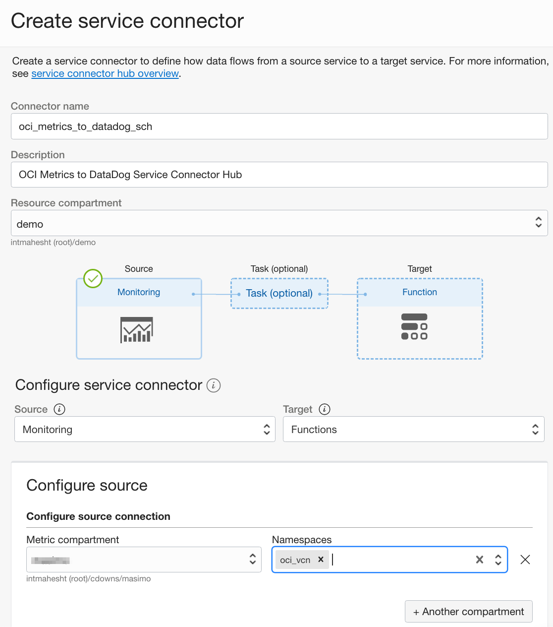 A screenshot of the Create service connector screen with detail fields filled in.