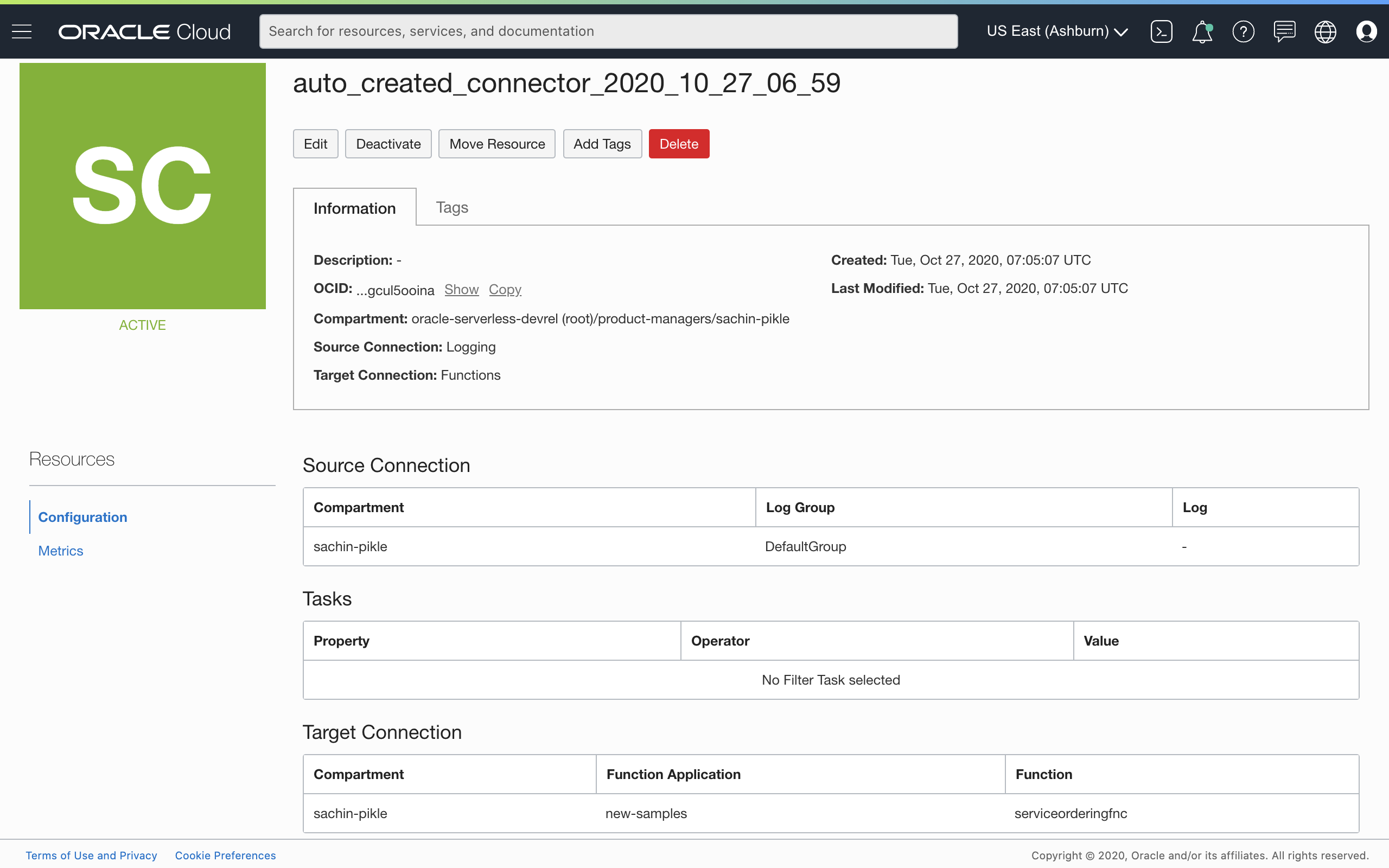 A screenshot that shows the details page of a service connector, with a function defined as a target connection.