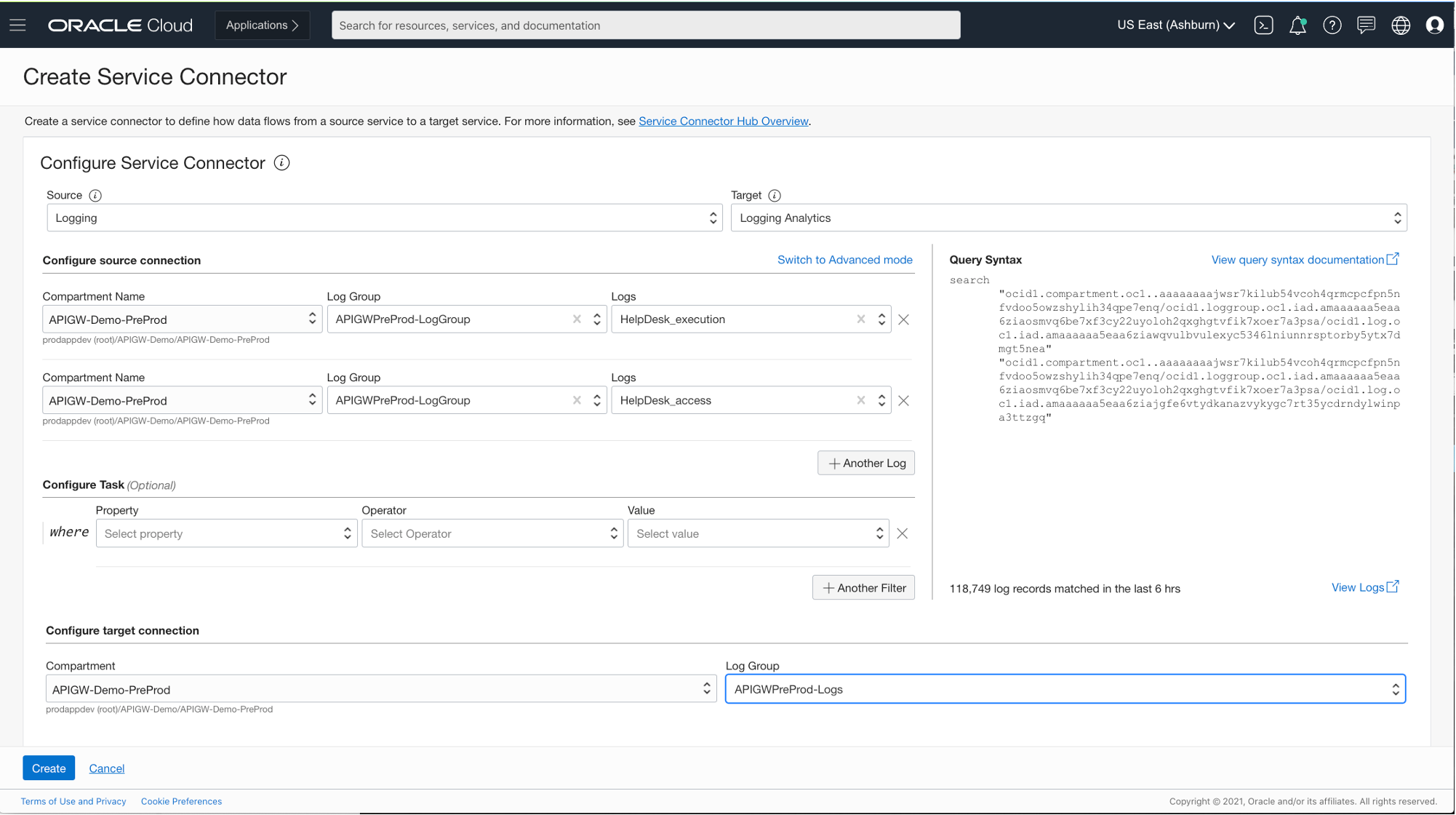  A screenshot of the Create Service Connector page with the Log Group menu highlighted.