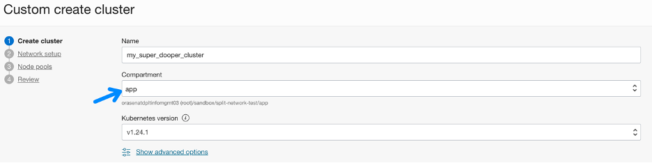 A screenshot of the Create Custom Cluster page with a blue arrow pointing to the compartment field.