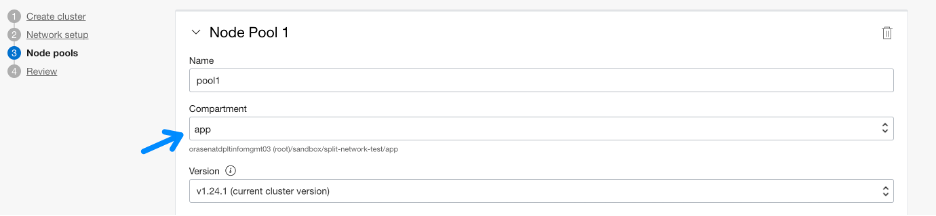 A screenshot of the Node Pools tab with a bluw arrow pointing to the compartment field.