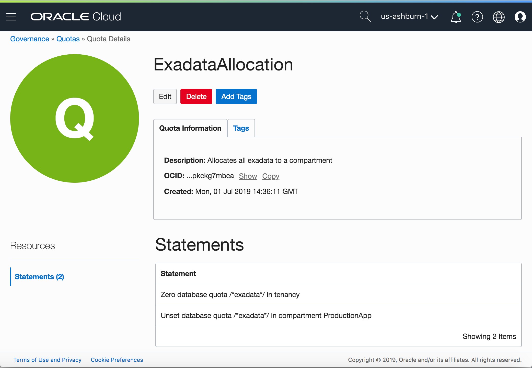 A screenshot of the Quota Details page within the OCI Console, showing Exadata allocation and statements.