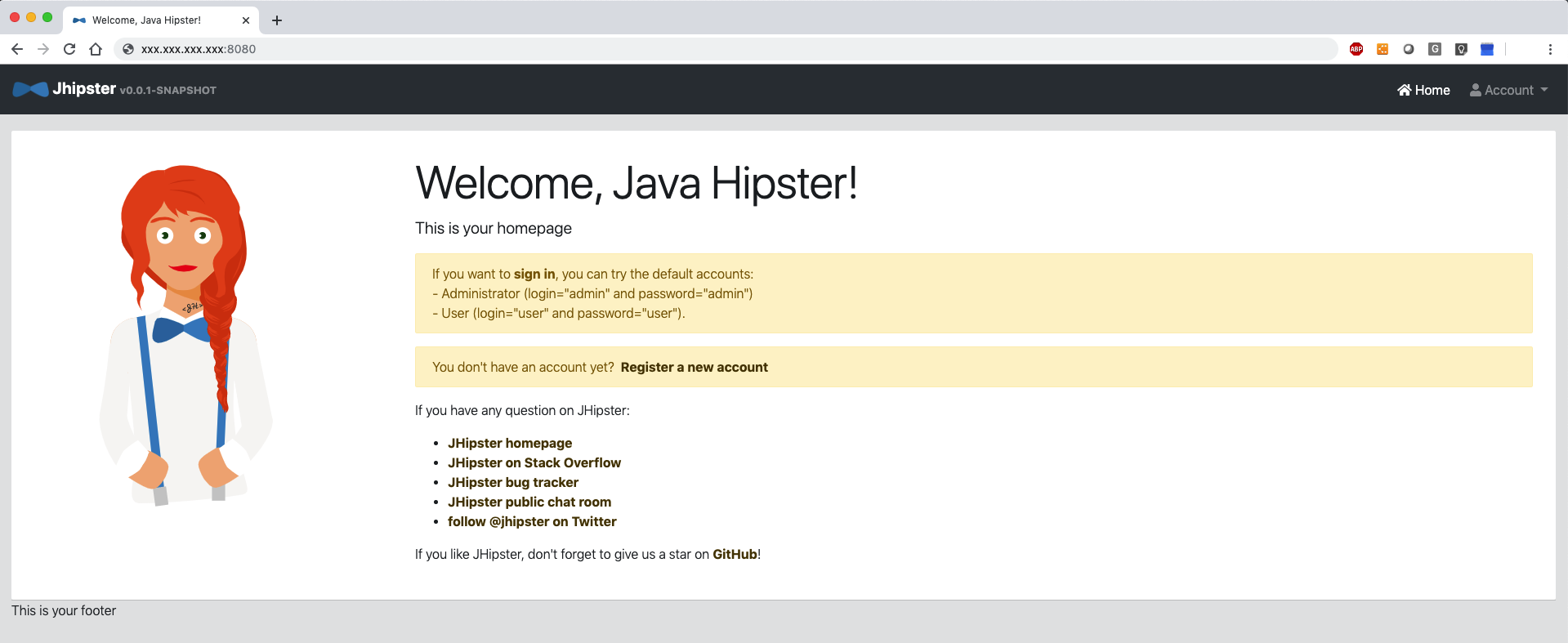 Screenshot that shows the homepage of the JHipster application.