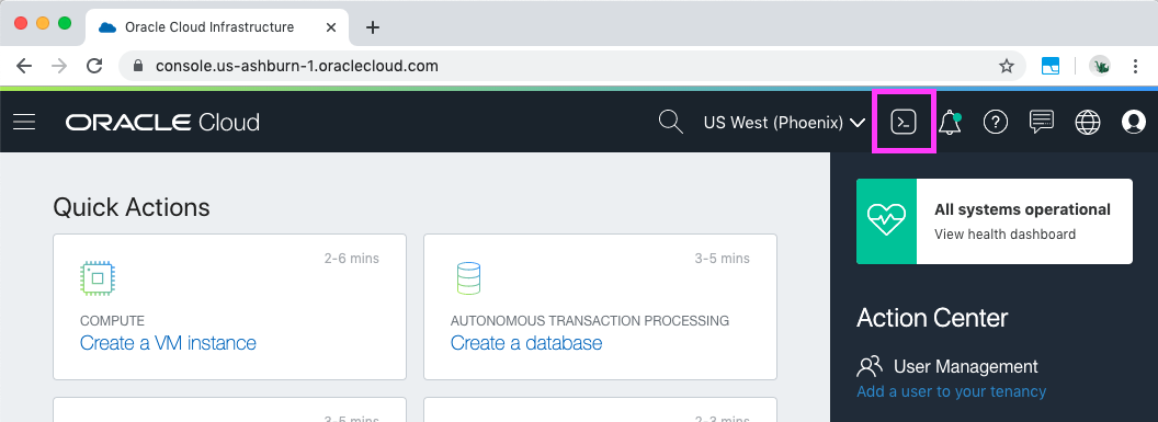 Screenshot that highlights the Cloud Shell icon in the top-right corner of the page.