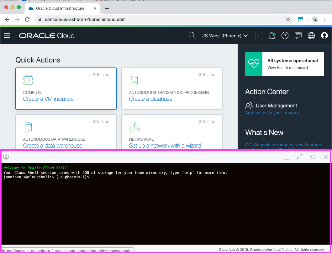 Screenshot that shows the Cloud Shell pane open at the bottom of the Console page.