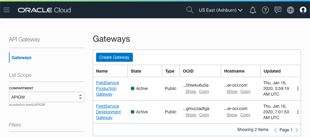 Screenshot that shows a development and a production gateway provisioned in the Oracle Cloud Infrastructure Console.