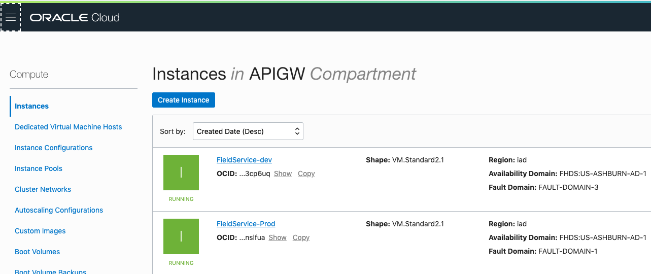 Screenshot that shows two Compute instances in the Oracle Cloud Infrastructure Console.
