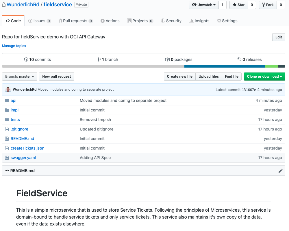 Screenshot that shows the structure of the example project in GitHub.