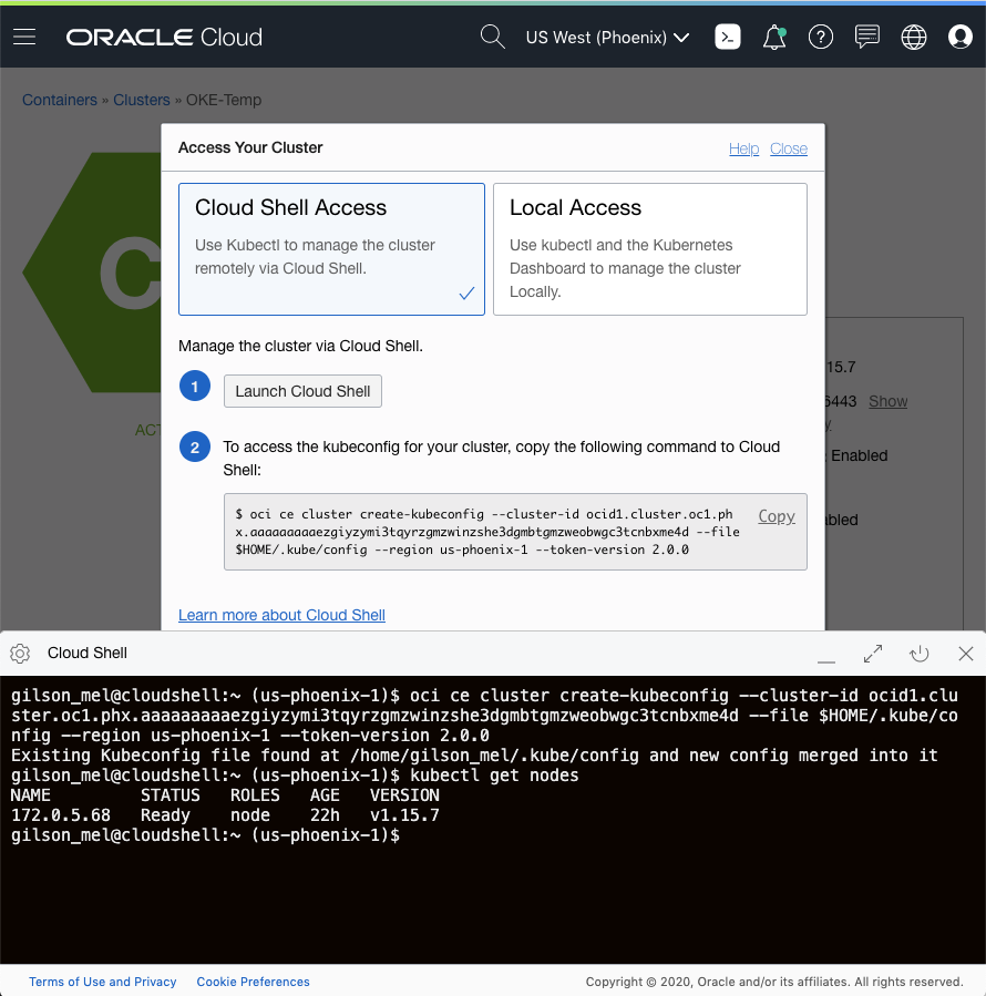 Screenshot that shows the Console user interface and the Cloud Shell window, and illustrates the preceding steps to access clusters in Cloud Shell.