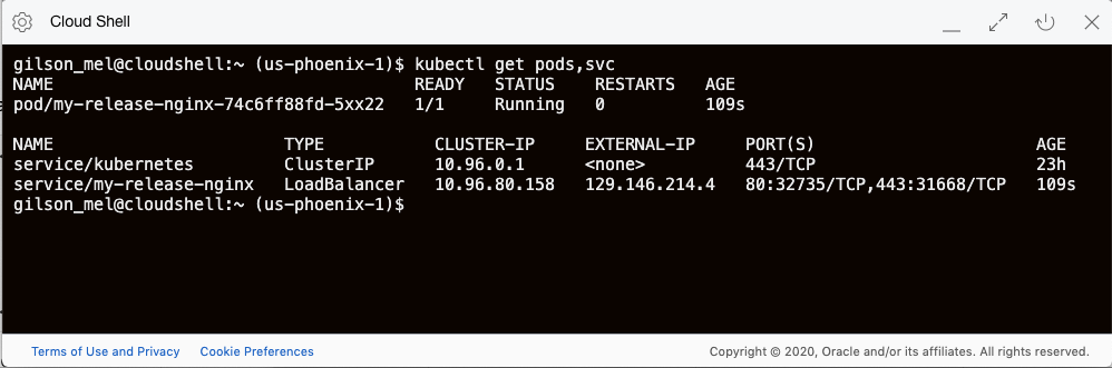 Alt text: Screenshot that shows the details and status of the newly deployed Nginx pod in Cloud Shell.