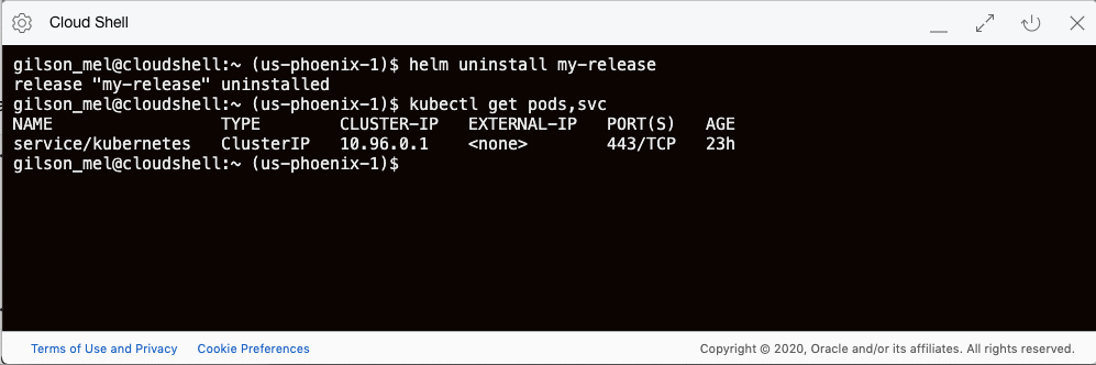 Screenshot that shows the notification for the uninstallation of the Helm pod in Cloud Shell.