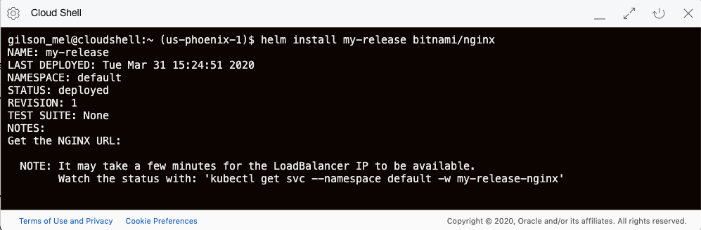 Screenshot that shows the details and status for the Helm client in Cloud Shell.