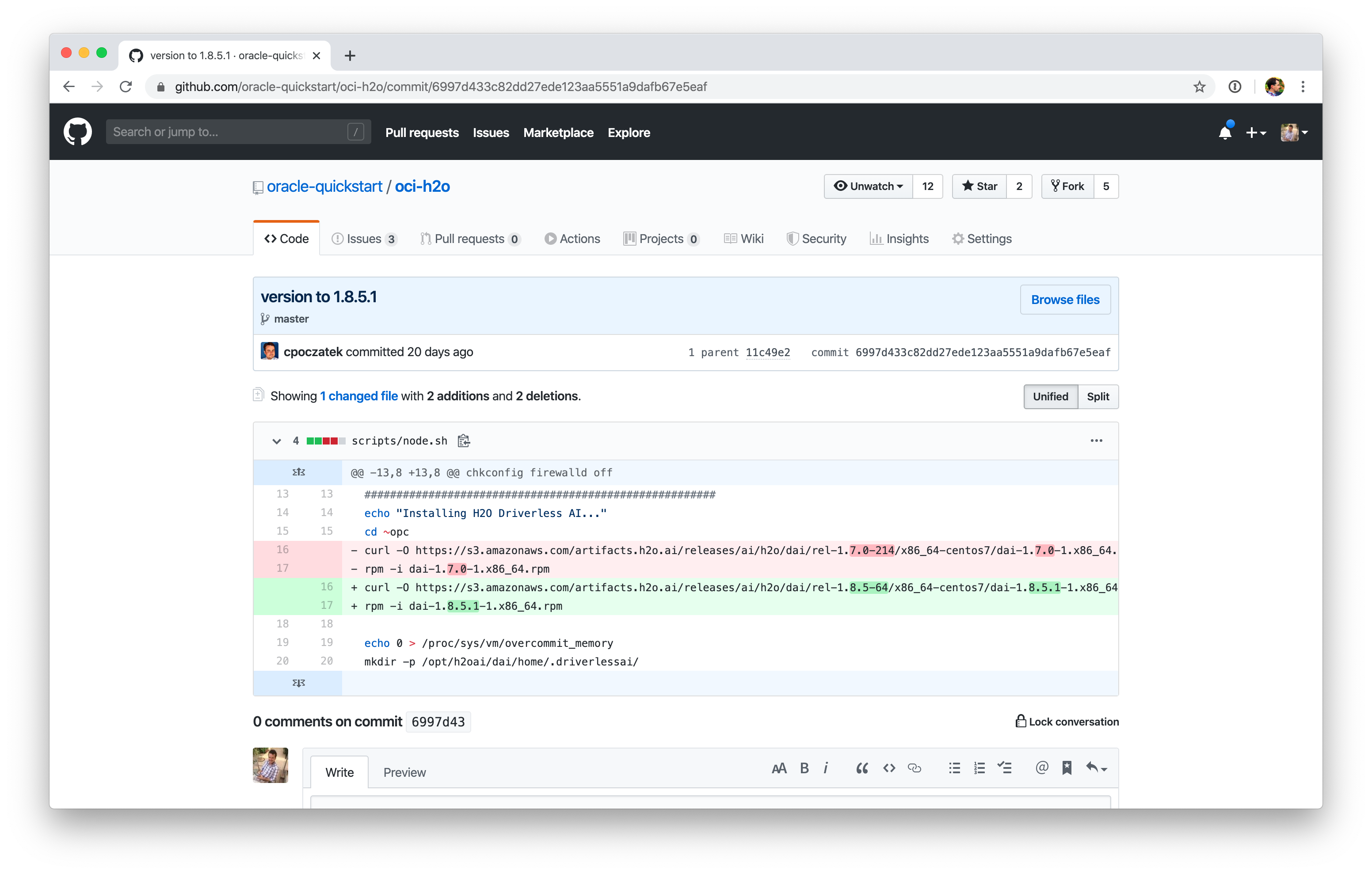 Screenshot of GitHub that shows a commit with one changed file, in which the version number of the H2O.ai quickstart was updated.