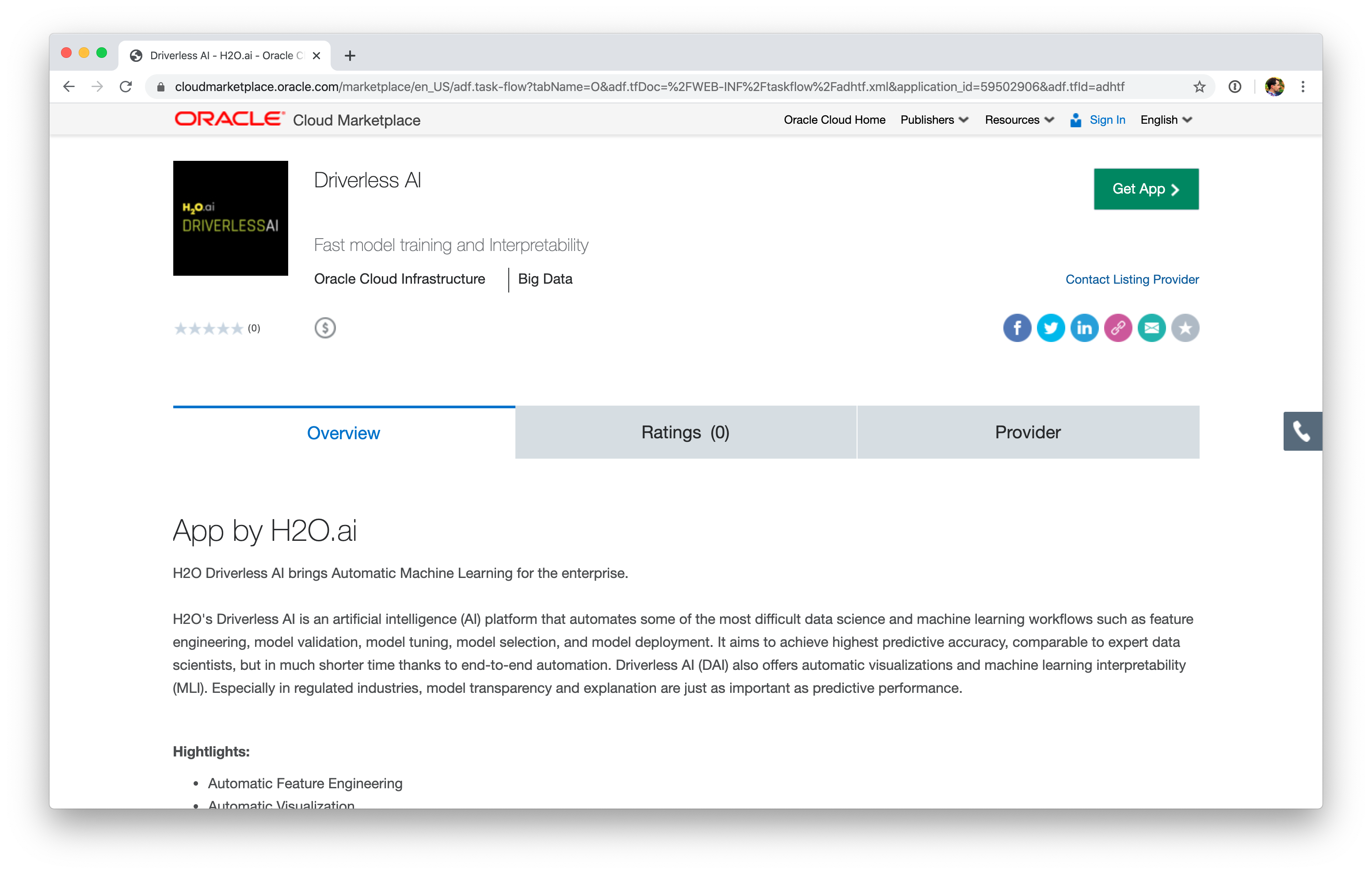Screenshot that shows the H2O Driverless AI app page in the Oracle Cloud Marketplace.