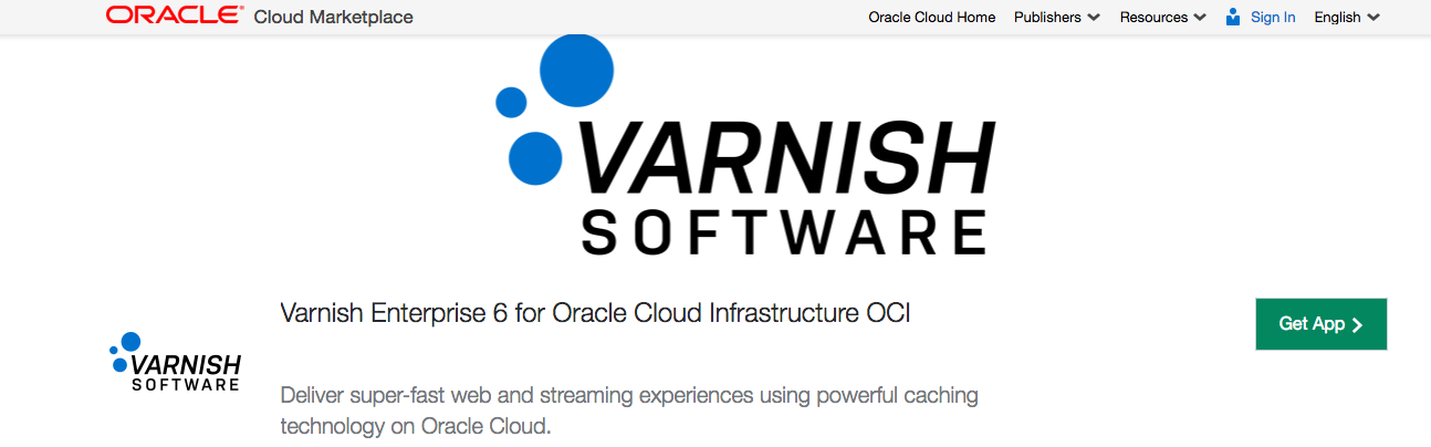 Screenshot that shows the Varnish Enterprise 6 image page on the Oracle Cloud Marketplace site.