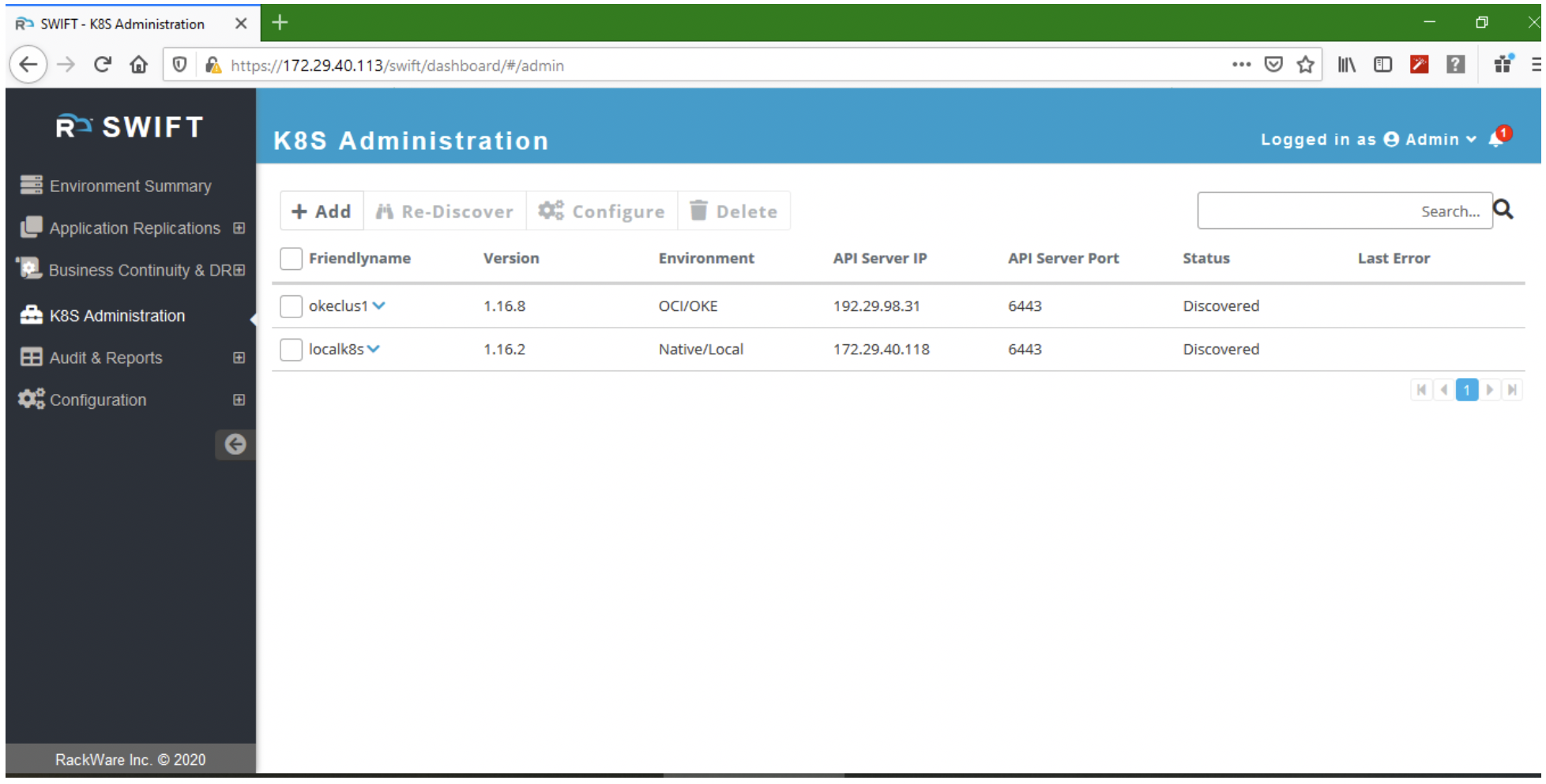 A screenshot of the RCM interface showing Kubernetes administration.