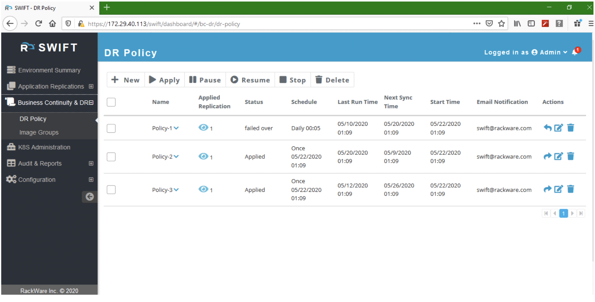 A screenshot of the RCM interface showing disaster recovery policies.