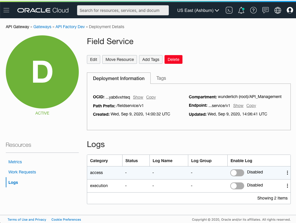 A screenshot that shows the details page for an API deployment with logs disabled.