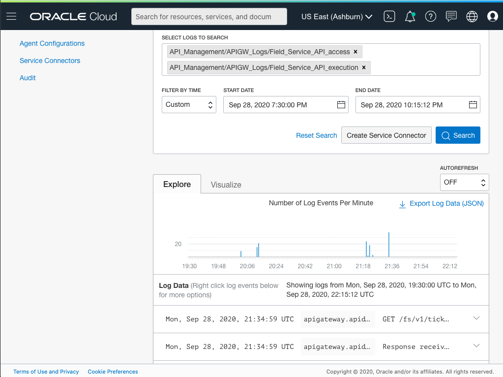 A screenshot that shows the Explore tab on the Logging Search page. The tab shows log data entries.