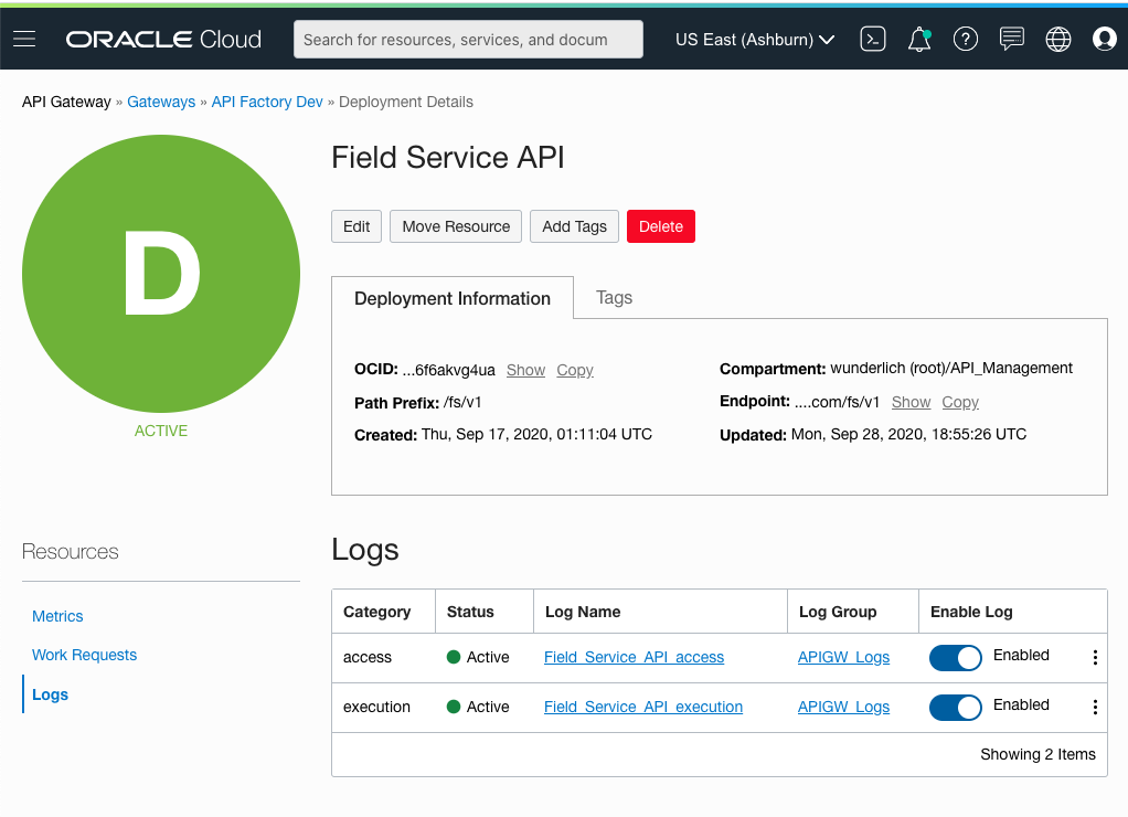 A screenshot that shows the details page for an API deployment with logs enabled.