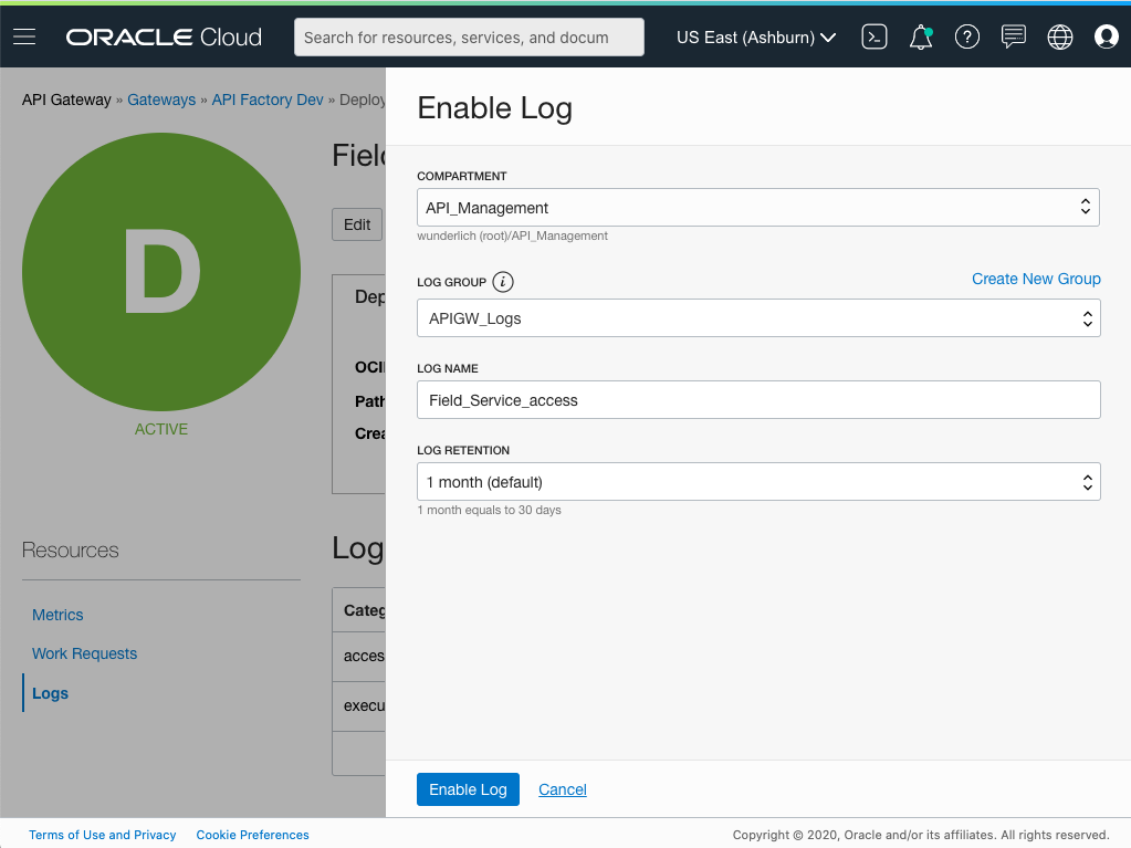 A screenshot that shows the Enable Log dialog box.
