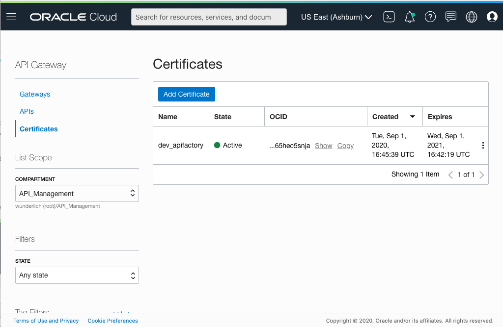 A screenshot that shows the Certificates page in the Console.