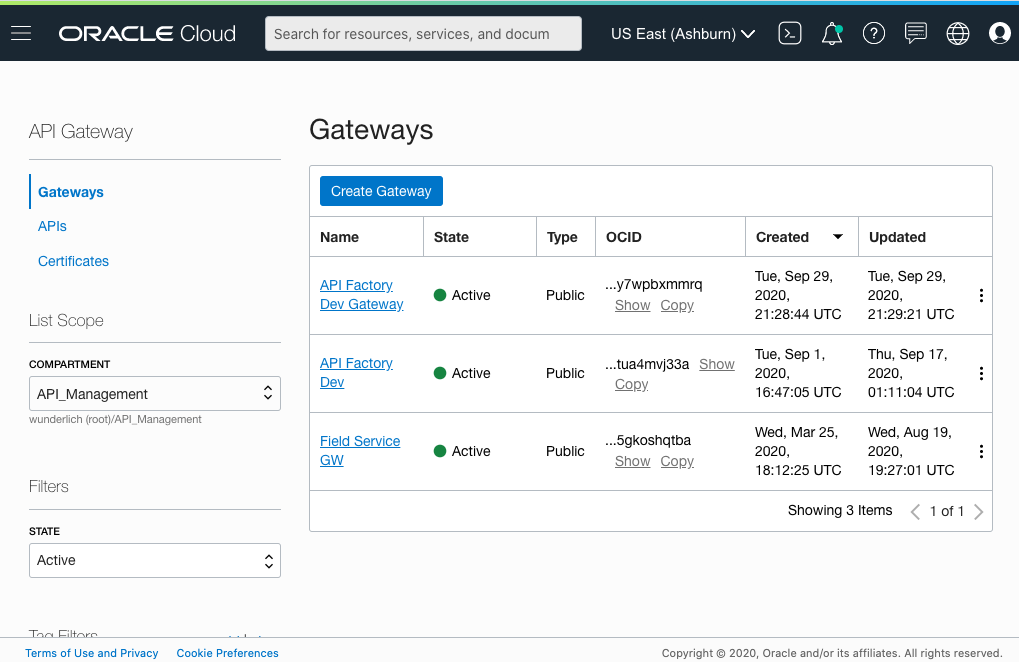 A screenshot that shows the Gateways page in the Console.