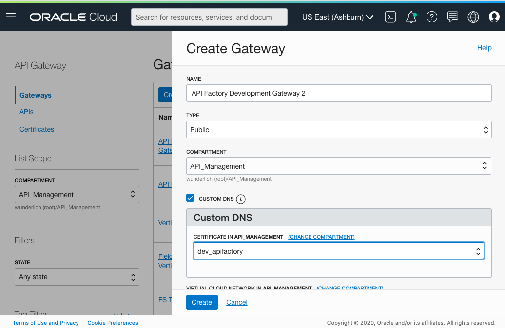 A screenshot that shows the Create Gateway dialog box with the Customer DNS checkbox selected and a certificate selected.