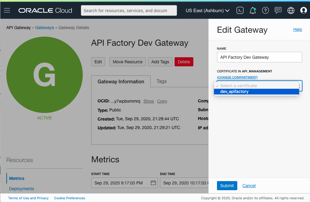 A screenshot that shows the Edit Gateway dialog box with a certificate selected.