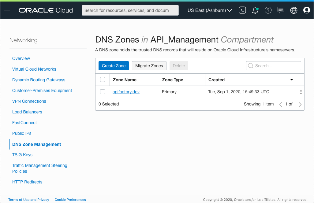 A screenshot that shows the DNS Zone page in the Networking section of the Console. A zone named apifactory.dev is listed.
