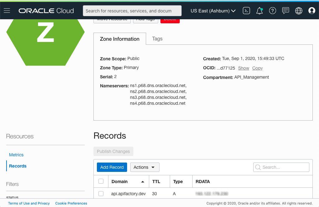 A screenshot that shows the details page for a zone, with a record listed for the apifactory domain.