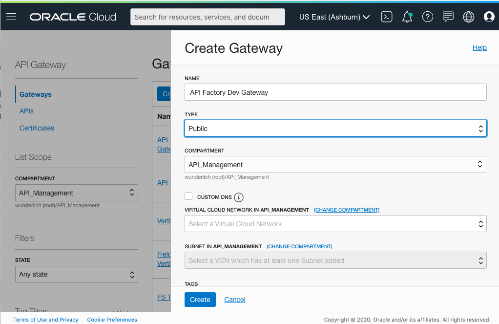 A screenshot that shows the Create Gateway dialog box.