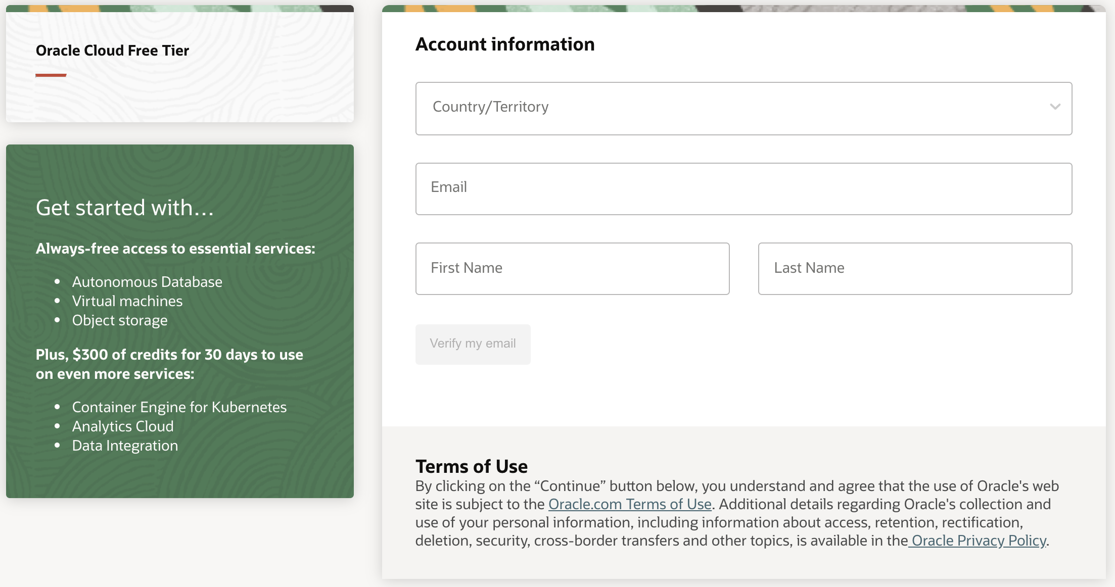 Screenshot that shows the signup page for an Oracle Cloud account.