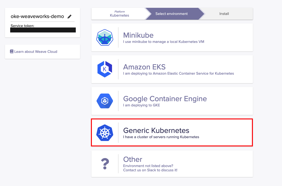 A screenshot of the Weaveworks UI with the Generic Kubernetes option for installation outlined in red.