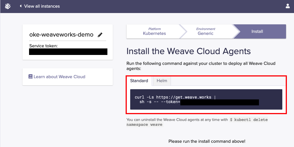 A screenshot of the Install the Weave Cloud Agents page in the Weaveworks UI.