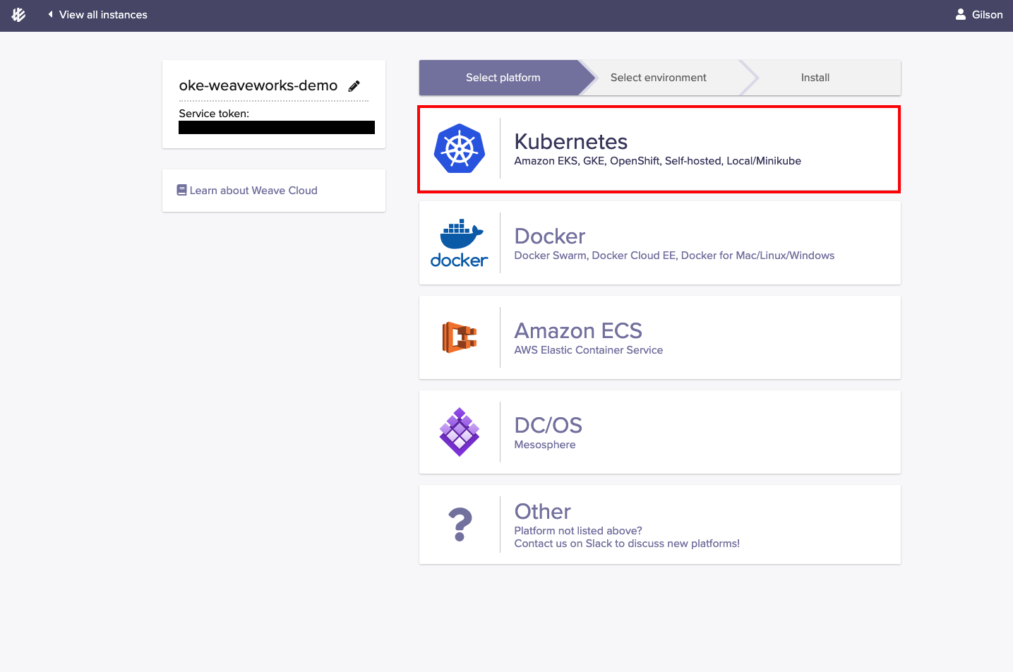 A screenshot of the Weaveworks UI with the Kubernetes option for installation outlined in red.