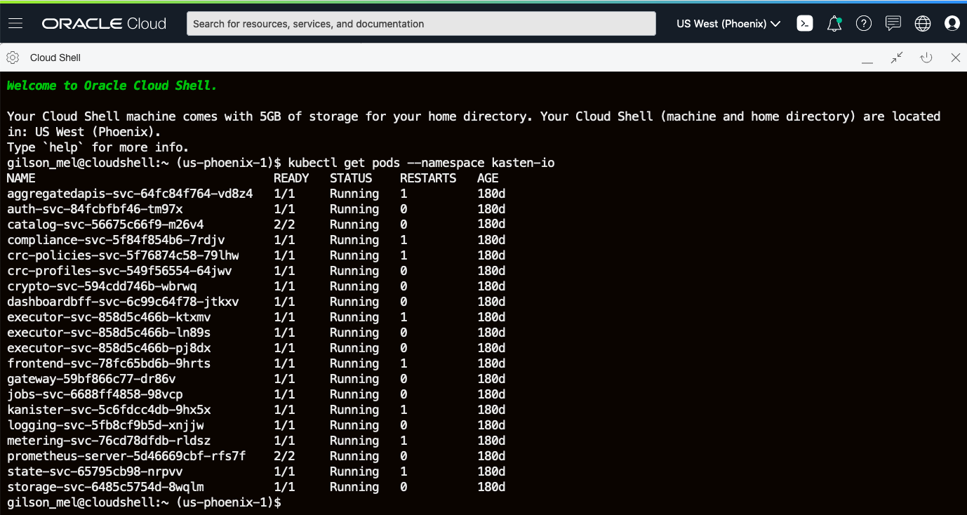 A screenshot of the Oracle Cloud Shell UI.
