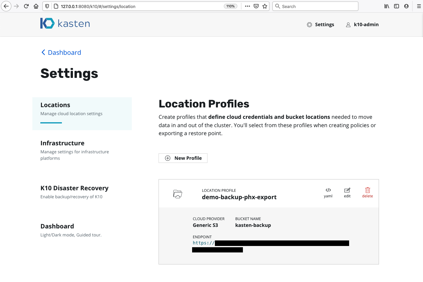  A screenshot of the Kasten Settings page.