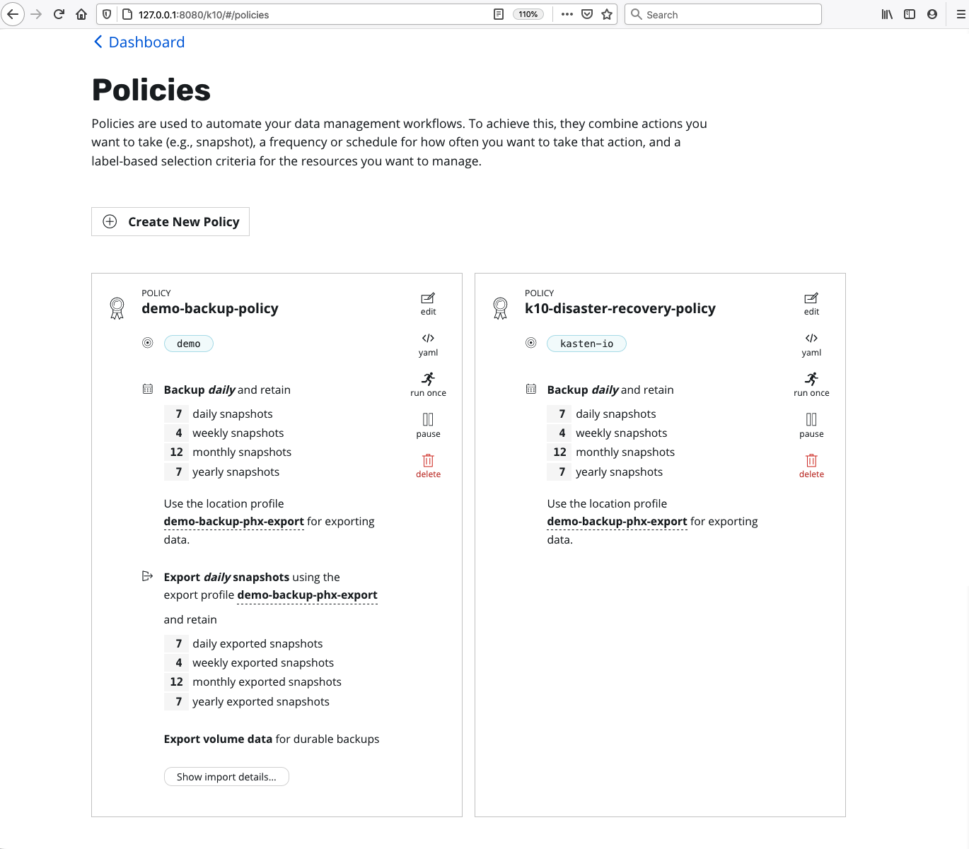A screenshot of the Kasten Policies page.