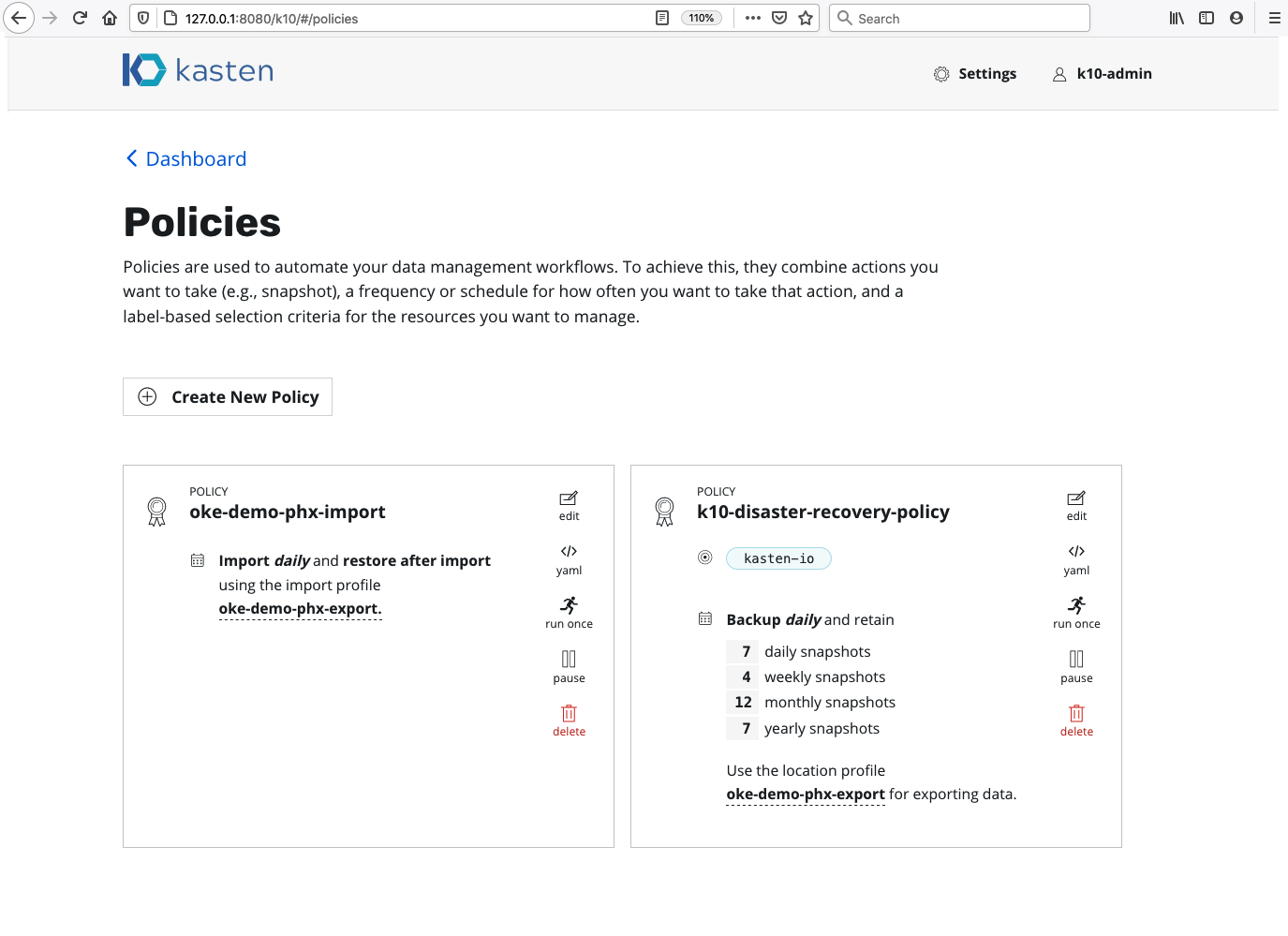 A screenshot of the Kasten Policies page with a newly created policy.