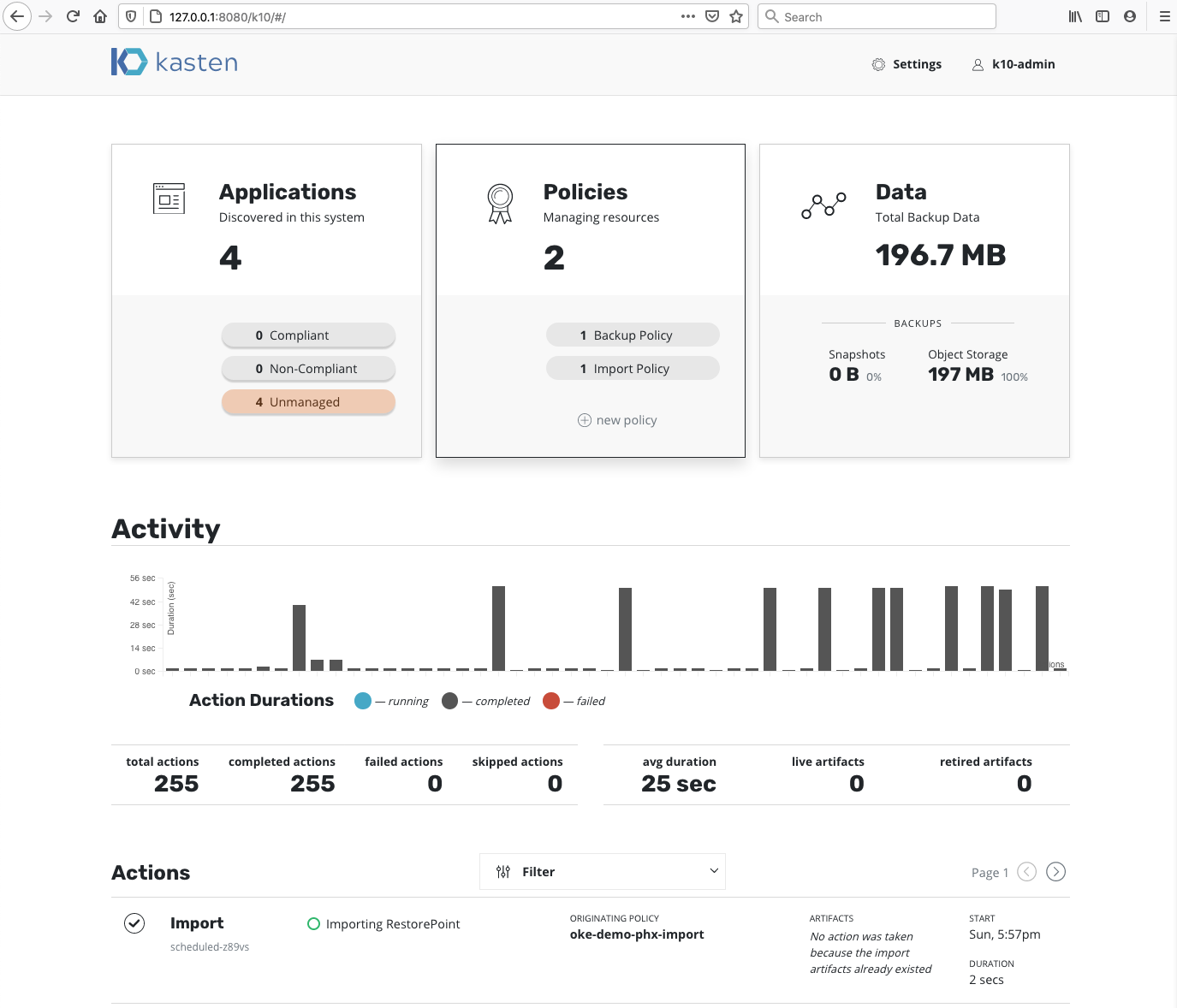 A screenshot of the Kasten dashboard, showing the applications, policies, and data running on the example.