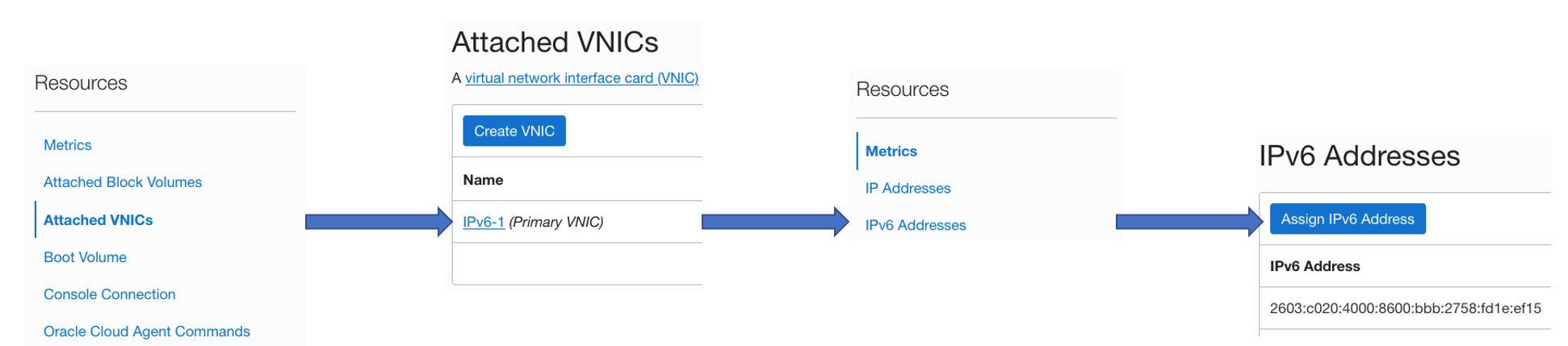 A screenshot of the process of assigning IPv6 addresses to VNICs.