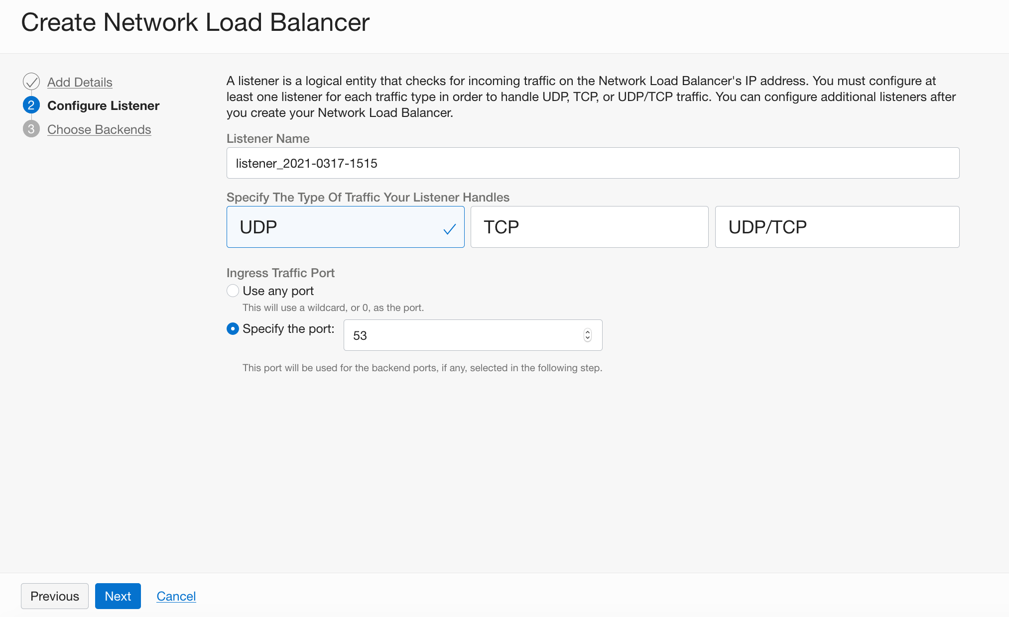 A screenshot of the Create Network Load Balancer screen on the Configure Listener tab.