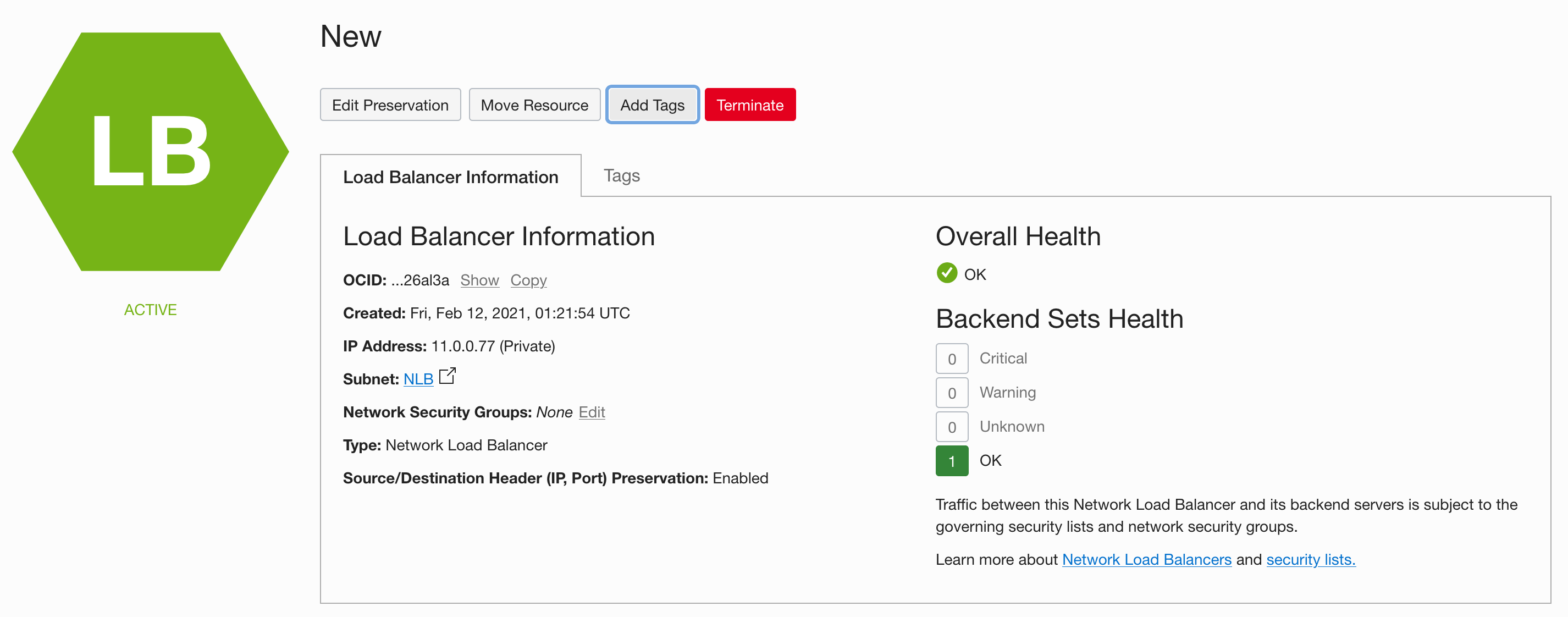 A screenshot of the Load Balancer Information screen for an example in the Console.