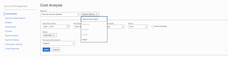 A screenshot of the expanded Report Actions menu in Cost Analysis with Save as new report highlighted.