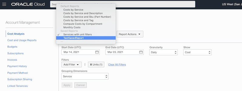 A screenshot of the default and saved reports menu expanded with TestSaveReport highlighted.