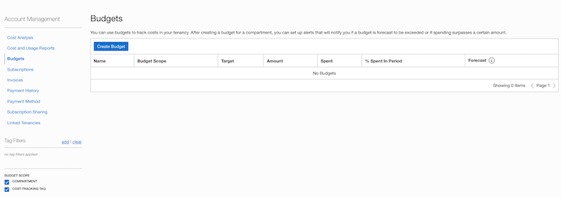 A screenshot of the Budgets page.